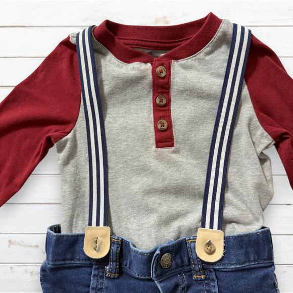 Cat & Jack Baby Outfit Size 18 Months Long Sleeve 2 Pc Suspenders Henley Shirt - Picture 4 of 6